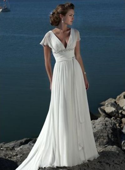 Chiffon Sexy Deep V Neck Style With Empire Waist Slim A Line Skirt Beach Wedding Dress WM 0193